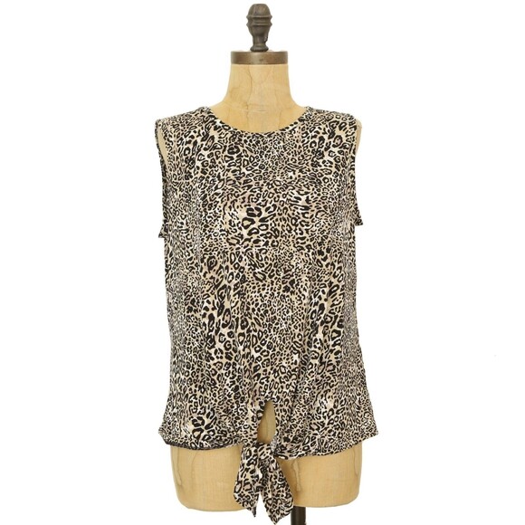 Adrianna Papell Tie Front Animal Print Tank Blouse Size S Stretch Brown Top B71 - Picture 1 of 5